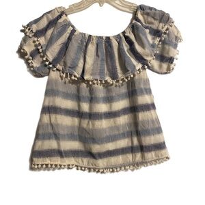 Cotton Linen Blue & White Blouse with Short Balloon Sleeves Small